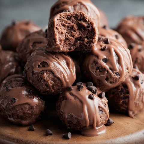 A plate of chocolate covered no-bake cottage cheese brownie bites.