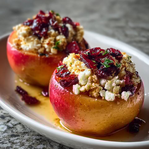 Two baked apples with feta, honey, and cranberries on a plate.