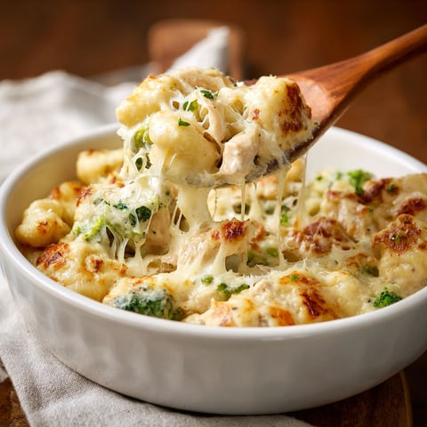 A bowl of chicken alfredo gnocchi.