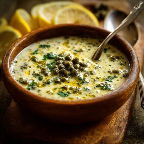A bowl of soup with a spoon in it.