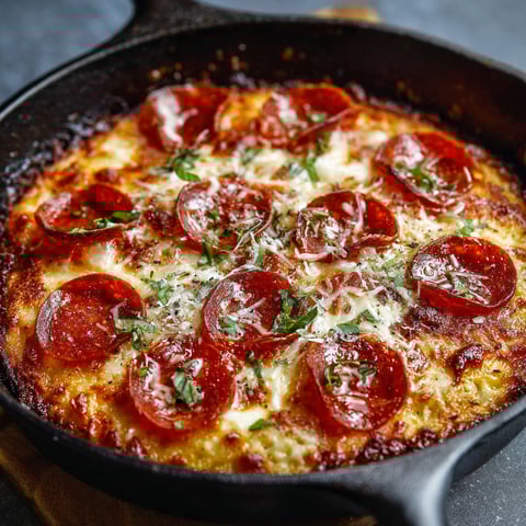 A cast iron pan with pepperoni and cheese.