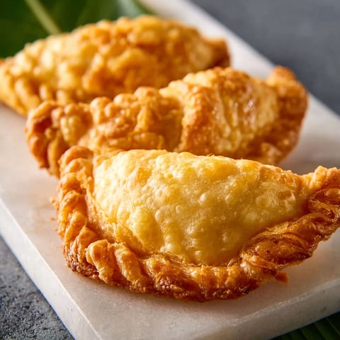 Three curry puffs on a plate.