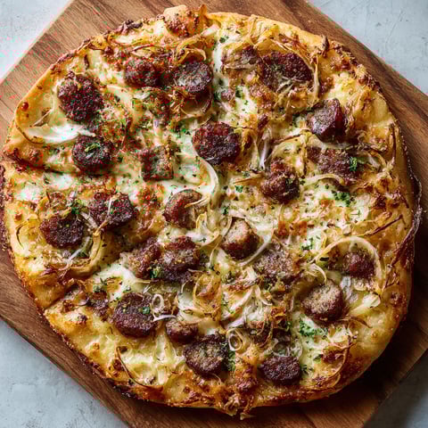A pizza with sausage and onions on it.