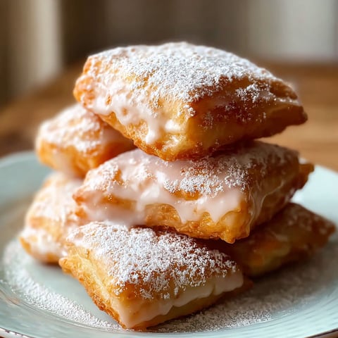 Glazed buttermilk beignets stacked on a plate.