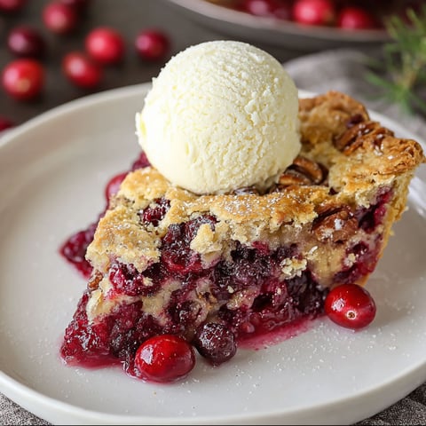 A slice of Nantucket Holiday Cranberry Pie with a scoop of ice cream on top.