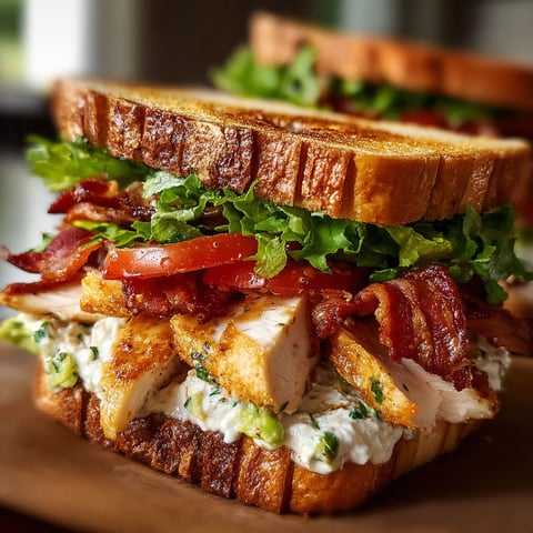 A loaded chicken club sandwich with bacon, lettuce, tomato, and avocado.