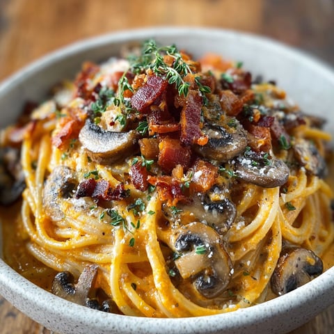 A bowl of spaghetti with mushrooms and bacon.