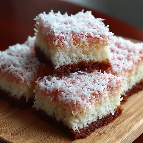 A stack of pink coconut snowball cake bars.