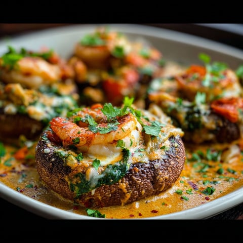 A plate of stuffed mushrooms in a creamy sauce.