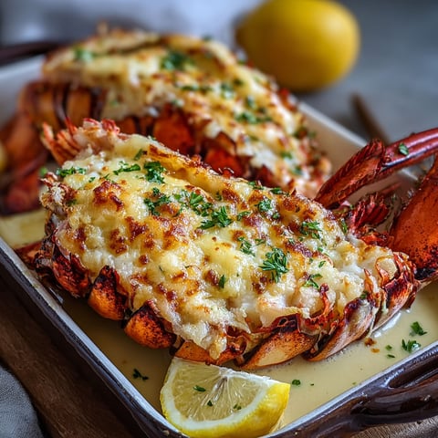 A plate of lobster thermidor with lemon wedges.