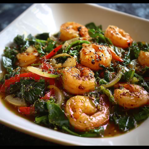 A white bowl filled with shrimp and greens.