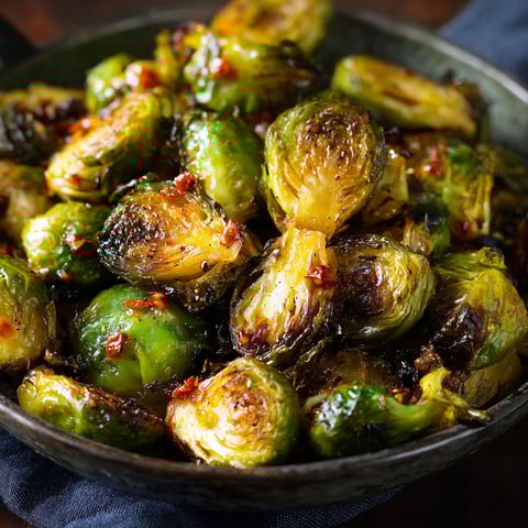 A bowl of roasted Brussels sprouts with a sweet chili sauce.