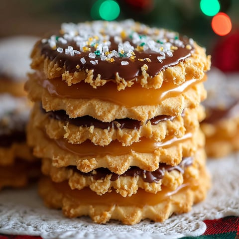 A stack of Ritz Cracker Christmas cookies with caramel drizzled on top.