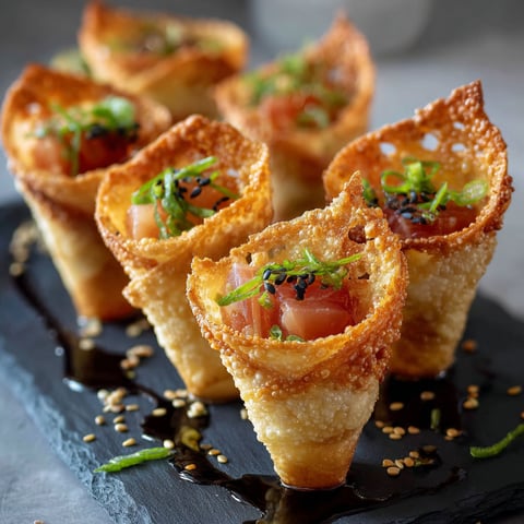 Sushi Wonton Cones with sauce.