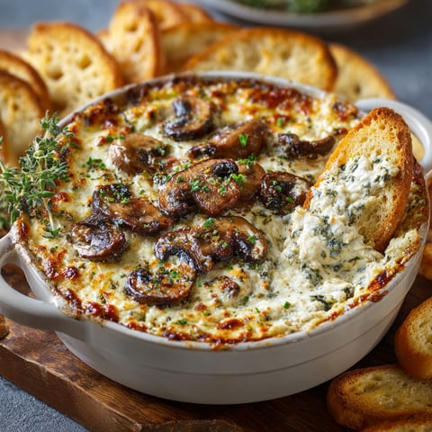 A bowl of stuffed mushroom dip with bread.