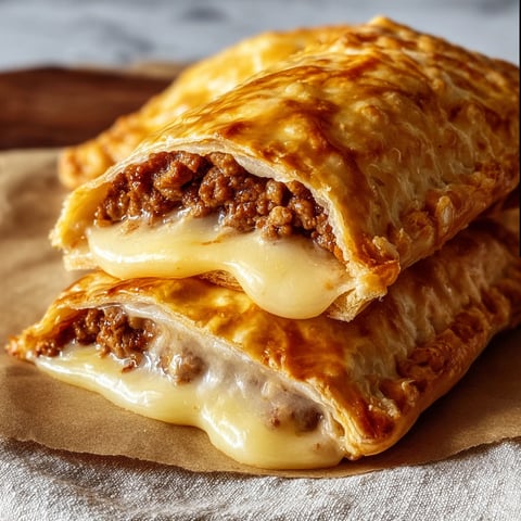 Two cheeseburger hot pockets on a table.