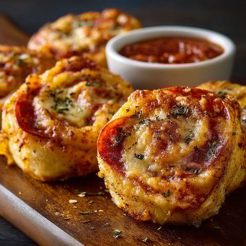 Cheesy pepperoni pizza roll-ups on a wooden platter.