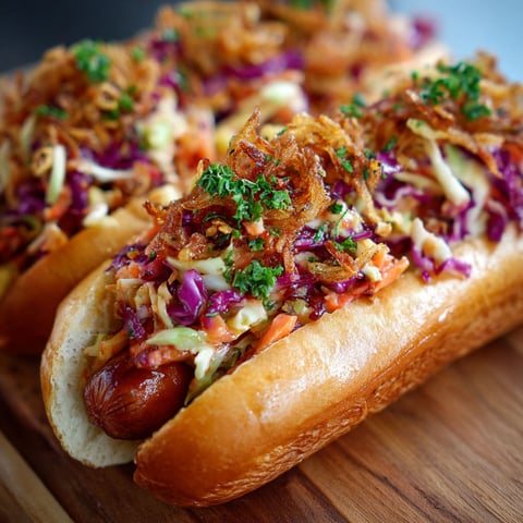 Two hot dogs with crispy onions and spicy slaw.