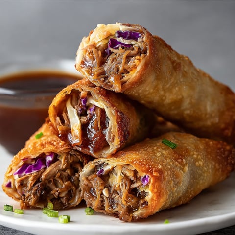 A plate of juicy pulled pork egg rolls.