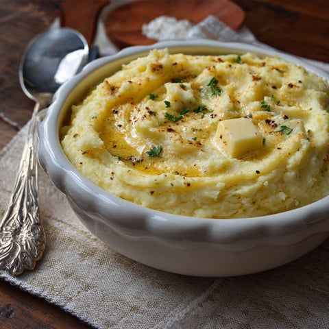 A bowl of mashed potatoes with a spoon in it.