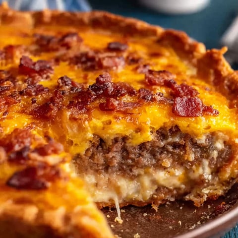 A slice of a bacon cheeseburger pie.