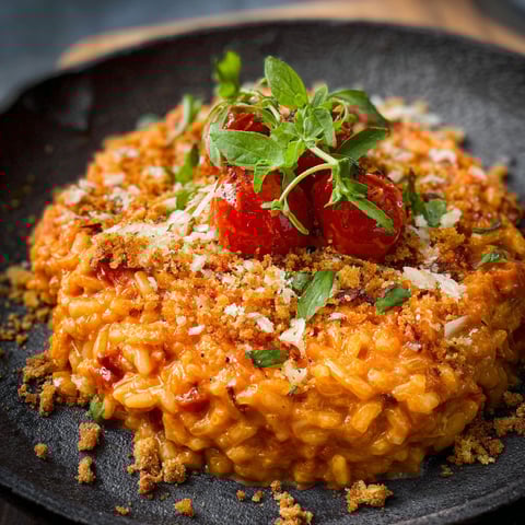 A creamy tomato risotto with crispy garlic crumbs.