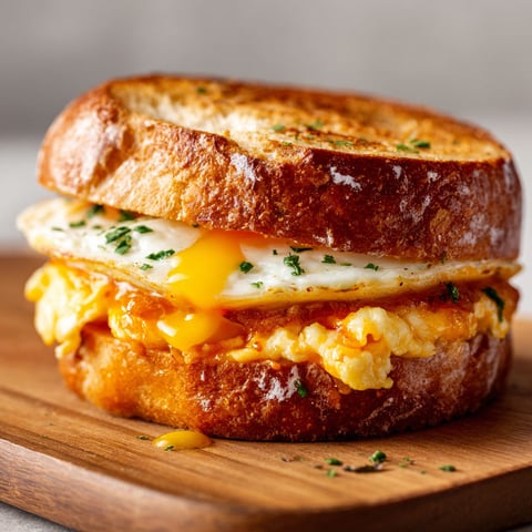 A sandwich with egg and cheese on a wooden table.