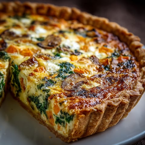 A slice of a quiche with vegetables.