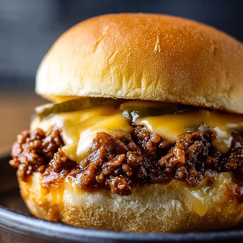 A sloppy joe sandwich with cheese and a pickle.