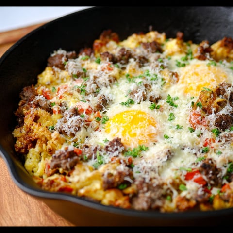 A skillet with a fried egg and sausage.