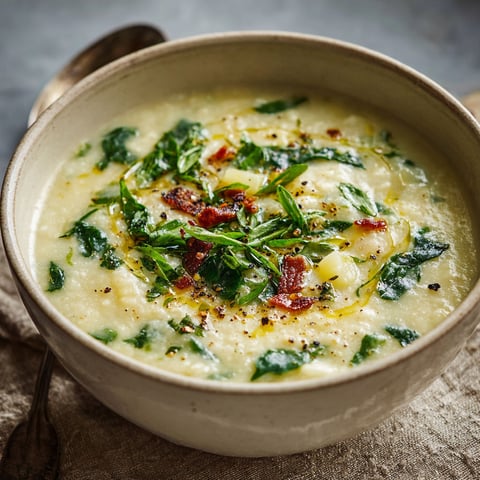 A bowl of soup with green vegetables and bacon.
