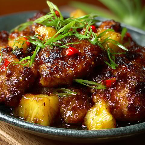 A plate of brown sugar pineapple chicken.