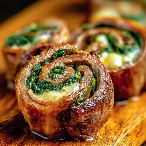 Flank steak pinwheels stuffed with spinach and cheese.