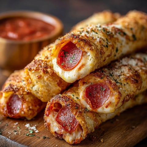Two pepperoni pizza roll breadsticks on a wooden table.