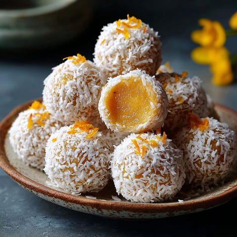 A plate of coconut mango bliss balls.