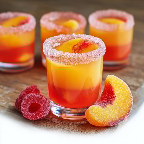 A glass of peach ring pop shots.