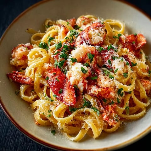 A bowl of pasta with lobster and cheese.