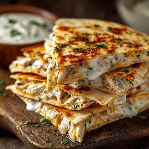 A stack of chicken quesadillas with a bowl of sour cream.