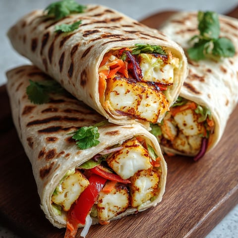 Two sweet chili halloumi wraps on a wooden cutting board.