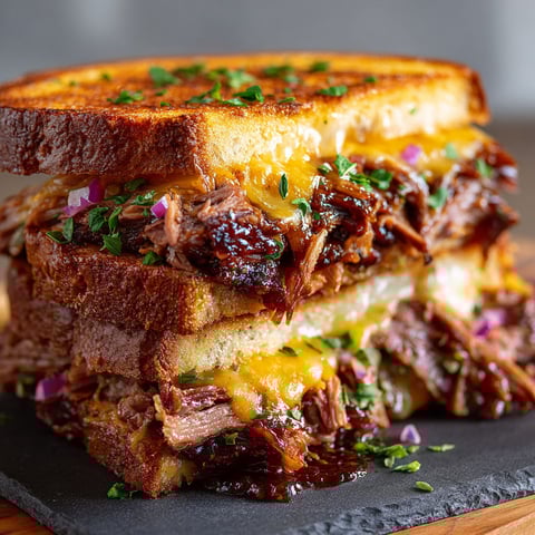A BBQ brisket sandwich is cut in half and served on a plate.