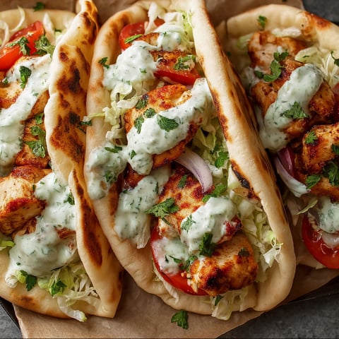 Two chicken pita sandwiches with tomatoes and herbs.