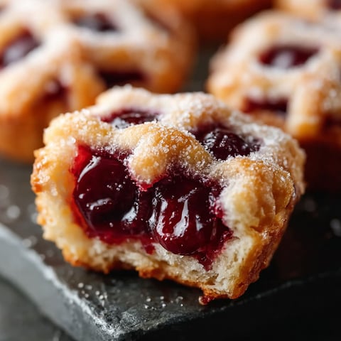 A close up of a delicious cherry pie bite.