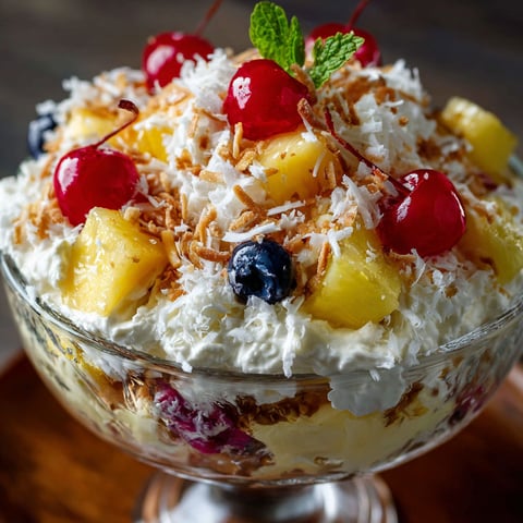 A bowl of Hawaiian cheesecake salad with pineapple, cherries, and coconut.