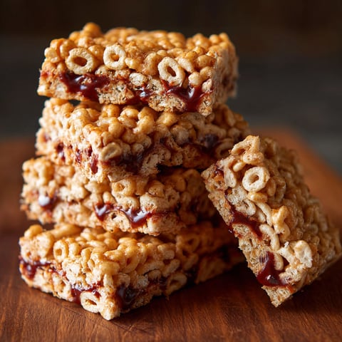 A stack of cereal bars with chocolate sauce.