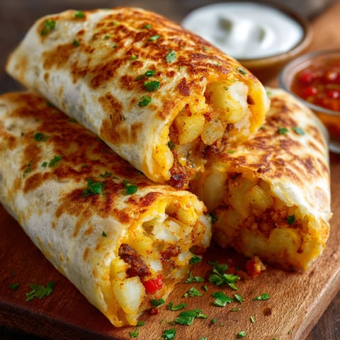 Two cheesy potato burritos on a wooden table.
