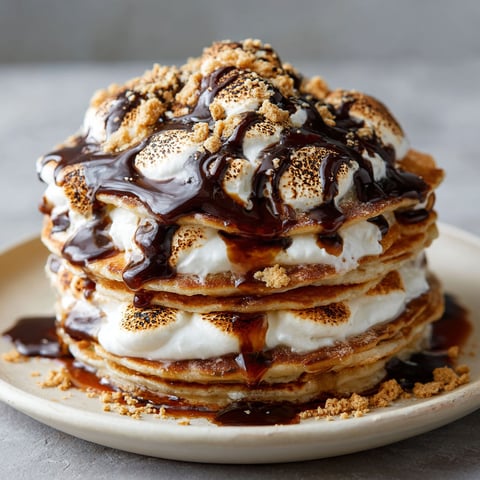 A stack of pancakes with chocolate sauce and marshmallows.