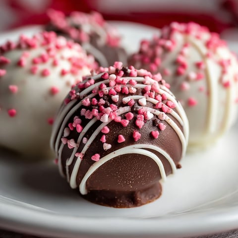 Three chocolate Oreo balls with pink hearts on top.
