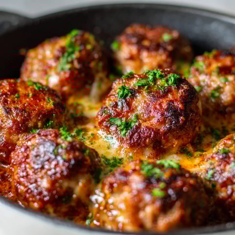 A pan of meatballs covered in cheese.