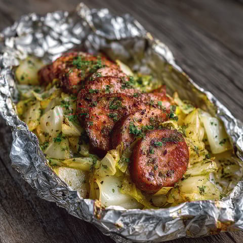 A foil pack of kielbasa and cabbage.