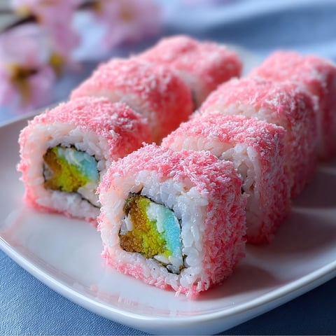 A plate of pink cotton candy sushi.